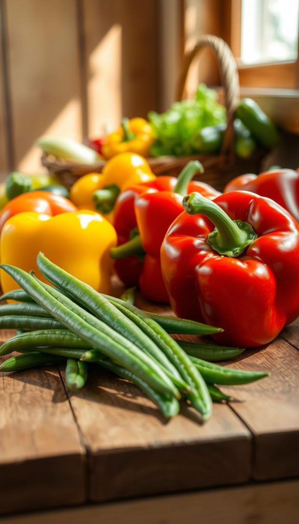 A vibrant assortment of colorful lagern paprika and bohnen displayed elegantly on a rustic wooden table. In the foreground, glossy red, yellow, and green bell peppers are artfully arranged with a handful of fresh green beans, highlighting their textures and colors. In the middle background, a small basket holds additional vegetables, emphasizing a seasonal bounty. Soft, natural lighting filters through a nearby window, casting gentle shadows and creating a warm, inviting atmosphere. The scene conveys a sense of freshness and abundance, perfect for summer cooking, capturing a Pinterest-inspired aesthetic. The subtle branding of "KlickKiste" appears discreetly in the composition, enhancing the authentic, inspiring feel of the image. A vibrant assortment of colorful lagern paprika and bohnen displayed elegantly on a rustic wooden table. In the foreground, glossy red, yellow, and green bell peppers are artfully arranged with a handful of fresh green beans, highlighting their textures and colors. In the middle background, a small basket holds additional vegetables, emphasizing a seasonal bounty. Soft, natural lighting filters through a nearby window, casting gentle shadows and creating a warm, inviting atmosphere. The scene conveys a sense of freshness and abundance, perfect for summer cooking, capturing a Pinterest-inspired aesthetic. The subtle branding of "KlickKiste" appears discreetly in the composition, enhancing the authentic, inspiring feel of the image.