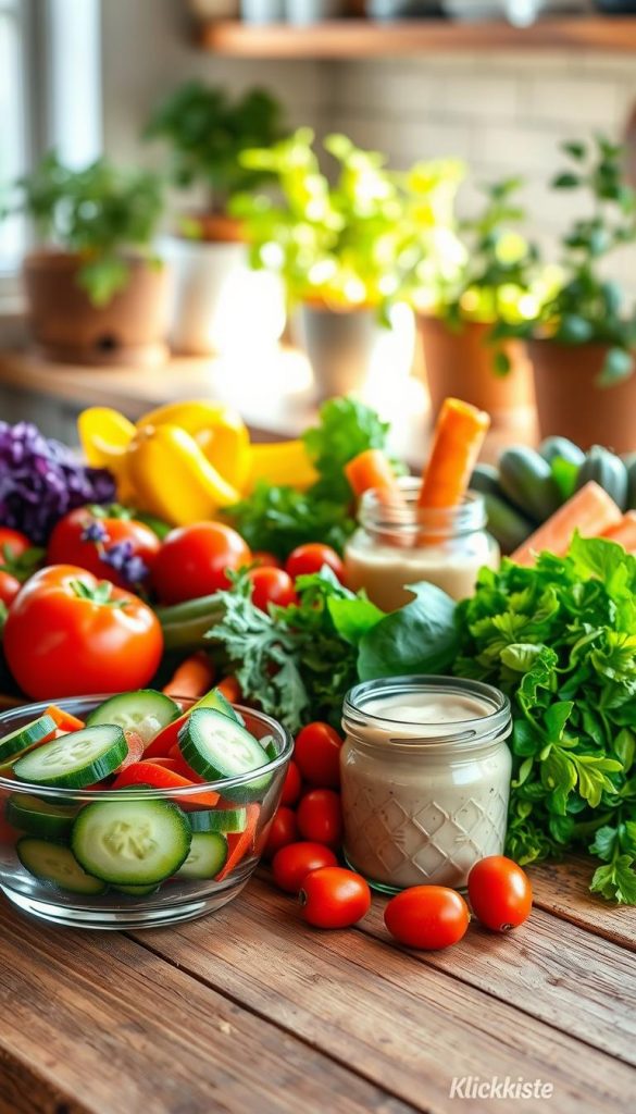 A vibrant assortment of fresh and healthy vegetables, including crisp green bell peppers, juicy cherry tomatoes, and lush leafy greens, artfully arranged on a rustic wooden table. In the foreground, a colorful bowl filled with sliced cucumbers and carrots invites viewers to enjoy nutritious snacks. The midground features a delicate glass jar filled with creamy hummus for dipping. Soft, natural light streams in from a nearby window, casting a warm glow that enhances the fresh colors of the vegetables. In the background, hints of a cozy kitchen are visible, with potted herbs adding a touch of greenery. The overall mood is uplifting and inspiring, promoting a healthy lifestyle and budget-friendly meal options. Captured with a shallow depth of field to draw focus on the vegetables, the image embodies a Pinterest-worthy aesthetic. Include the brand "KlickKiste" subtly within the composition. A vibrant assortment of fresh and healthy vegetables, including crisp green bell peppers, juicy cherry tomatoes, and lush leafy greens, artfully arranged on a rustic wooden table. In the foreground, a colorful bowl filled with sliced cucumbers and carrots invites viewers to enjoy nutritious snacks. The midground features a delicate glass jar filled with creamy hummus for dipping. Soft, natural light streams in from a nearby window, casting a warm glow that enhances the fresh colors of the vegetables. In the background, hints of a cozy kitchen are visible, with potted herbs adding a touch of greenery. The overall mood is uplifting and inspiring, promoting a healthy lifestyle and budget-friendly meal options. Captured with a shallow depth of field to draw focus on the vegetables, the image embodies a Pinterest-worthy aesthetic. Include the brand "KlickKiste" subtly within the composition.