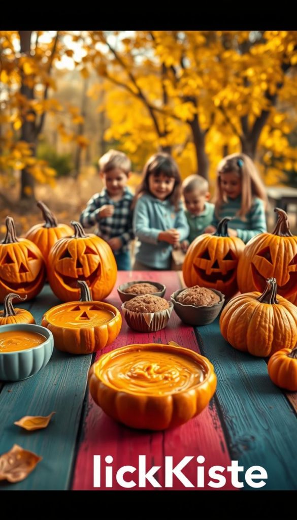 A vibrant autumn scene depicting creative pumpkin recipes for kids, featuring several playful, carved pumpkins showcasing cheerful facial expressions. In the foreground, a colorful wooden table displays various simple pumpkin dishes, such as pumpkin soup in cozy bowls, pumpkin muffins, and child-friendly pumpkin puree. The middle layer shows children, dressed in casual, modest clothing, joyfully interacting while helping in the kitchen. In the background, warm, golden autumn leaves and soft sunlight filter through trees, casting a gentle glow on the scene. The overall mood is wholesome and inspiring, embodying a Pinterest-inspired aesthetic. The brand name "KlickKiste" is subtly integrated into the design elements. The image captures the essence of "Kürbis Kinder Rezepte" with inviting warmth and creativity.