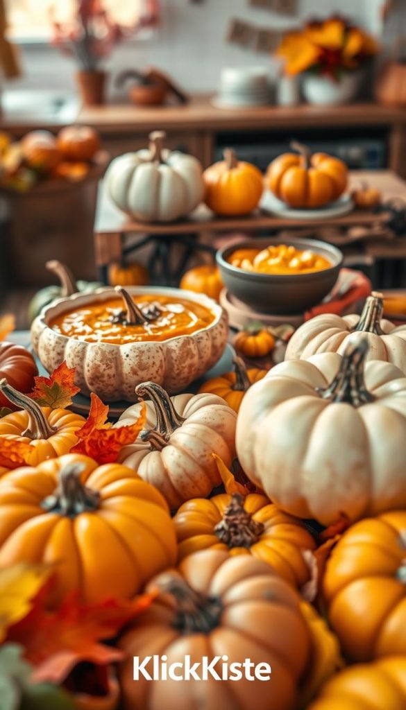 A vibrant autumn scene featuring a variety of pumpkins in warm, earthy tones, including orange, green, and white. In the foreground, a selection of beautifully arranged pumpkins of different shapes and sizes, partially nestled in a bed of colorful fall leaves. In the middle ground, a rustic wooden table displays a bowl of creamy pumpkin soup garnished with herbs, alongside a freshly baked pumpkin curry and a rich pumpkin casserole, all beautifully presented. The background is softly blurred, capturing hints of an inviting kitchen with subtle autumn decorations. Soft, natural lighting enhances the warm color palette, creating a cozy and inspirational atmosphere reminiscent of a Pinterest aesthetic. The logo "KlickKiste" is subtly integrated into the scene. A vibrant autumn scene featuring a variety of pumpkins in warm, earthy tones, including orange, green, and white. In the foreground, a selection of beautifully arranged pumpkins of different shapes and sizes, partially nestled in a bed of colorful fall leaves. In the middle ground, a rustic wooden table displays a bowl of creamy pumpkin soup garnished with herbs, alongside a freshly baked pumpkin curry and a rich pumpkin casserole, all beautifully presented. The background is softly blurred, capturing hints of an inviting kitchen with subtle autumn decorations. Soft, natural lighting enhances the warm color palette, creating a cozy and inspirational atmosphere reminiscent of a Pinterest aesthetic. The logo "KlickKiste" is subtly integrated into the scene.