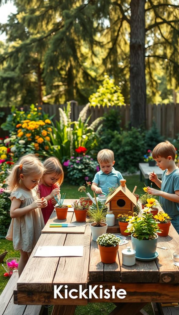 A vibrant backyard garden filled with colorful flowers and lush greenery, embodying a warm and inviting atmosphere. In the foreground, playful children wearing modest casual clothing engage in creative DIY projects, such as painting flower pots and building a small birdhouse. The middle ground showcases a rustic wooden table adorned with art supplies, plants, and cheerful decorations, while in the background, tall trees gently filter sunlight, creating a soft, golden glow. The scene captures the essence of outdoor fun and creativity, with a Pinterest-inspired aesthetic. Overall, it should feel inspiring and authentic, highlighting the joy of nature and hands-on activities that families can enjoy together. The brand name "KlickKiste" subtly incorporated into the scene.