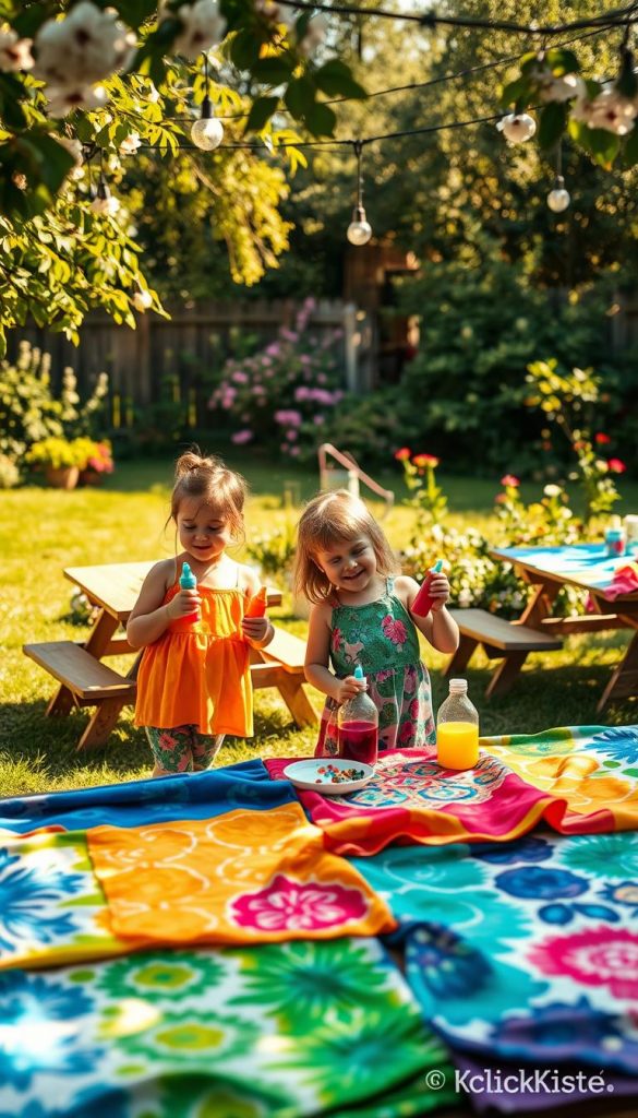 A vibrant backyard scene depicting a "Batikparty Garten" during a sunny afternoon, with children creatively engaging in batik dyeing on cotton fabric. In the foreground, two children, dressed in modest, colorful summer clothes, are joyfully applying dye with squeeze bottles, their faces showing concentration and delight. The middle ground features various fabrics laid out on picnic tables, showcasing an array of colorful patterns, including vivid blues, greens, and reds. The background is lush with greenery, blooming flowers, and hanging fairy lights that enhance the warm, inviting atmosphere. Soft, golden sunlight filters through the leaves, casting gentle shadows. The overall mood is joyful and inspiring, emphasizing natural DIY activities perfect for families. The scene reflects a Pinterest aesthetic with an authentic DIY vibe, branded with "KlickKiste."