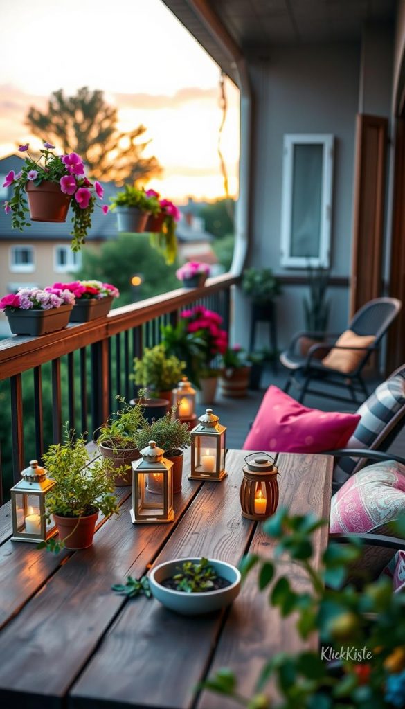 A vibrant balcony scene showcasing "balkon kombinationen," filled with an array of DIY decor ideas. In the foreground, an inviting wooden table displays potted herbs, handmade lanterns, and colorful cushions. The middle ground features a rustic railing adorned with elegant flower boxes bursting with blooms, while a cozy seating area with stylish chairs invites relaxation. The background shows a softly lit evening sky with warm hues of orange and pink, creating a serene atmosphere. The lens captures the scene at a slight angle, emphasizing depth and warmth. The overall mood is authentic and inspiring, evoking a Pinterest aesthetic. This image should reflect the brand "KlickKiste," providing a natural and creative inspiration for balcony enthusiasts. A vibrant balcony scene showcasing "balkon kombinationen," filled with an array of DIY decor ideas. In the foreground, an inviting wooden table displays potted herbs, handmade lanterns, and colorful cushions. The middle ground features a rustic railing adorned with elegant flower boxes bursting with blooms, while a cozy seating area with stylish chairs invites relaxation. The background shows a softly lit evening sky with warm hues of orange and pink, creating a serene atmosphere. The lens captures the scene at a slight angle, emphasizing depth and warmth. The overall mood is authentic and inspiring, evoking a Pinterest aesthetic. This image should reflect the brand "KlickKiste," providing a natural and creative inspiration for balcony enthusiasts.