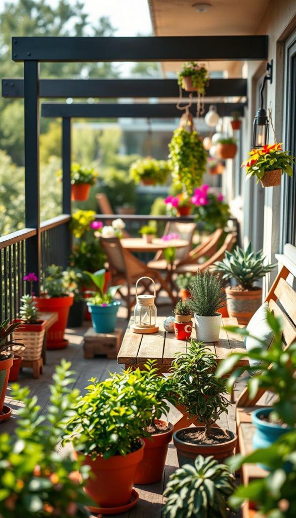 A vibrant balcony scene showcasing various DIY project ideas, capturing the essence of "KlickKiste". In the foreground, colorful potted plants and handcrafted wooden furniture invite a relaxed atmosphere. The middle ground features a charming wooden table adorned with DIY decor items such as lanterns, hanging plants, and creative outdoor lighting. The background includes a gently blurred view of a sunny terrace, surrounded by greenery and flowers, evoking a Pinterest-inspired aesthetic. Soft, warm lighting filters through, enhancing the natural colors and creating an inviting, cheerful mood. The angle is slightly elevated, allowing for a broad view of the DIY projects, embodying an authentic and inspiring home improvement vibe. A vibrant balcony scene showcasing various DIY project ideas, capturing the essence of "KlickKiste". In the foreground, colorful potted plants and handcrafted wooden furniture invite a relaxed atmosphere. The middle ground features a charming wooden table adorned with DIY decor items such as lanterns, hanging plants, and creative outdoor lighting. The background includes a gently blurred view of a sunny terrace, surrounded by greenery and flowers, evoking a Pinterest-inspired aesthetic. Soft, warm lighting filters through, enhancing the natural colors and creating an inviting, cheerful mood. The angle is slightly elevated, allowing for a broad view of the DIY projects, embodying an authentic and inspiring home improvement vibe.