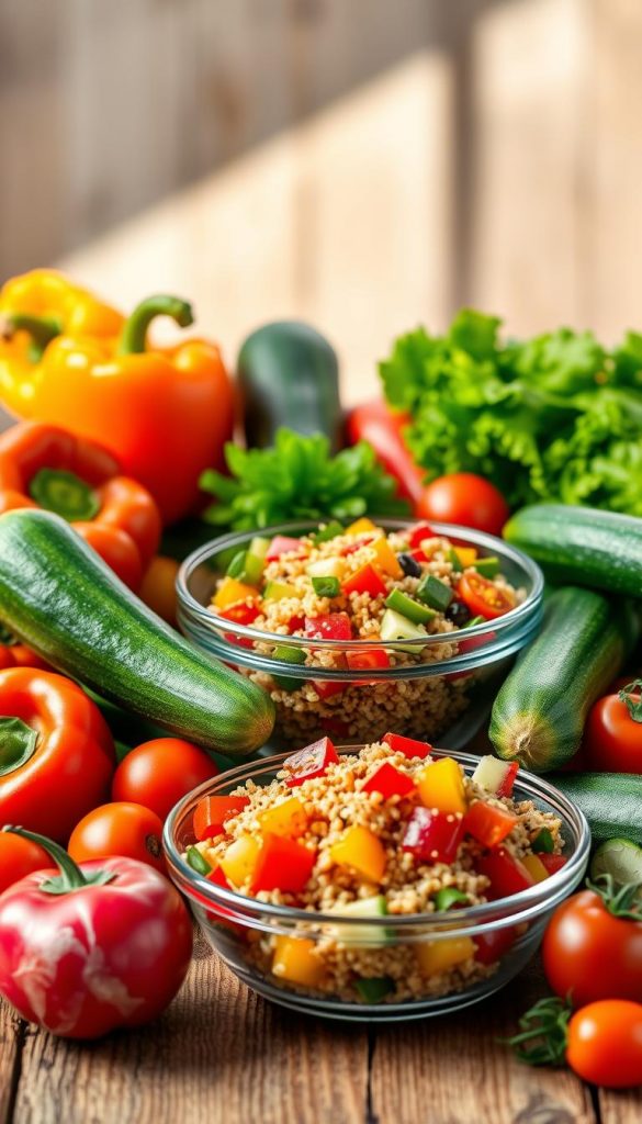 A vibrant, beautifully arranged assortment of fresh vegetables, including colorful bell peppers, crisp cucumbers, tender zucchini, and vibrant cherry tomatoes, set against a rustic wooden table. In the foreground, the vegetables glisten with a light mist, highlighting their freshness. The middle layer features a glass bowl filled with a colorful salad, showcasing healthy variations that children will enjoy, like quinoa mixed with diced vegetables. The background is softly blurred to create a warm, inviting atmosphere, with natural light streaming in, casting gentle shadows that enhance the textures of the produce. The overall mood is wholesome and inspiring, evoking a sense of healthy eating. This image embodies the brand KlickKiste’s ethos of promoting nutritious choices for kids. A vibrant, beautifully arranged assortment of fresh vegetables, including colorful bell peppers, crisp cucumbers, tender zucchini, and vibrant cherry tomatoes, set against a rustic wooden table. In the foreground, the vegetables glisten with a light mist, highlighting their freshness. The middle layer features a glass bowl filled with a colorful salad, showcasing healthy variations that children will enjoy, like quinoa mixed with diced vegetables. The background is softly blurred to create a warm, inviting atmosphere, with natural light streaming in, casting gentle shadows that enhance the textures of the produce. The overall mood is wholesome and inspiring, evoking a sense of healthy eating. This image embodies the brand KlickKiste’s ethos of promoting nutritious choices for kids.