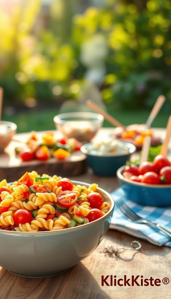 A vibrant, beautifully presented bowl of nudelsalat sits prominently in the foreground, brimming with colorful, spiral pasta mixed with fresh vegetables like cherry tomatoes, cucumbers, and bell peppers. The salad is drizzled with a light vinaigrette, glistening under warm, ambient lighting. In the middle ground, a rustic wooden picnic table is partially visible, adorned with additional kid-friendly grill side dishes—like coleslaw and fruit skewers—creating a cheerful and inviting atmosphere. Soft, natural lighting enhances the warm colors, evoking a sense of togetherness and fun. In the background, a blurred garden scene suggests a sunny summer day, reinforcing the family-friendly vibe of a backyard barbecue. The scene embodies an authentic, Pinterest-worthy aesthetic, inspired by family gatherings, with subtle branding elements of "KlickKiste" incorporated gently within the layout.
