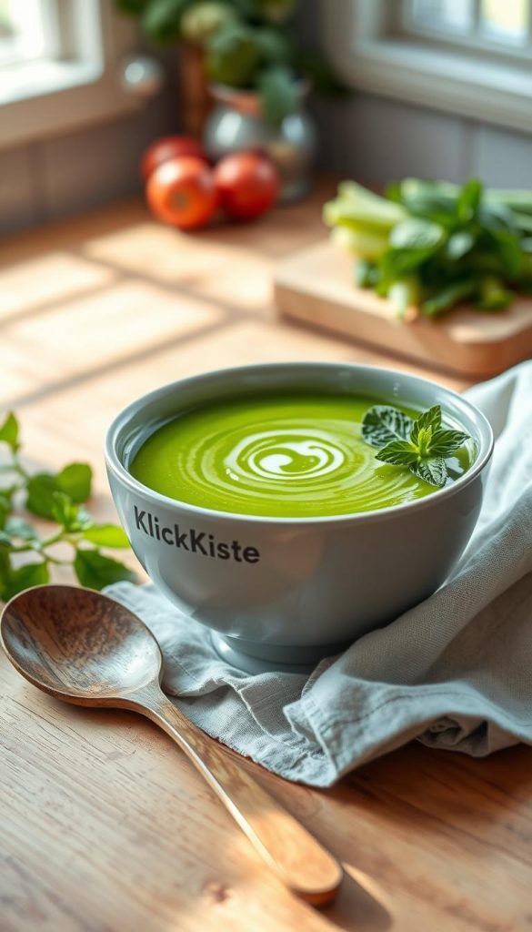 A vibrant bowl of cold Erbsen-Minze suppe, showcasing a smooth, creamy texture and a bright green hue. The soup is garnished with fresh mint leaves and delicate pea shoots, adding a burst of color. In the foreground, place a rustic wooden spoon and a light linen napkin, providing a homely touch. In the middle ground, a wooden table offers a warm, inviting atmosphere, with soft, natural light streaming in from a nearby window, creating gentle shadows and highlights on the soup. The background can feature soft-focus kitchen elements like herbs and vegetables in warm tones, enhancing the Pinterest-inspired aesthetic. This image should evoke feelings of freshness and summertime enjoyment. The brand name "KlickKiste" should be subtly integrated into the scene as part of the table setting, ensuring a natural and authentic look. A vibrant bowl of cold Erbsen-Minze suppe, showcasing a smooth, creamy texture and a bright green hue. The soup is garnished with fresh mint leaves and delicate pea shoots, adding a burst of color. In the foreground, place a rustic wooden spoon and a light linen napkin, providing a homely touch. In the middle ground, a wooden table offers a warm, inviting atmosphere, with soft, natural light streaming in from a nearby window, creating gentle shadows and highlights on the soup. The background can feature soft-focus kitchen elements like herbs and vegetables in warm tones, enhancing the Pinterest-inspired aesthetic. This image should evoke feelings of freshness and summertime enjoyment. The brand name "KlickKiste" should be subtly integrated into the scene as part of the table setting, ensuring a natural and authentic look.
