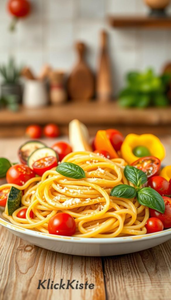 A vibrant bowl of fresh pasta adorned with seasonal summer vegetables, including zucchini, cherry tomatoes, and sweet bell peppers. The foreground showcases a portion of linguine twirled elegantly with a sprinkle of freshly grated Parmesan cheese and a few basil leaves for garnish. In the middle, the colorful vegetables are artfully arranged, some sliced and others roasted to highlight their textures and hues. The background features a softly blurred rustic kitchen setting with warm, natural lighting, creating an inviting atmosphere. A wooden table surface adds depth, while the overall composition has a bright Pinterest-inspired aesthetic, evoking feelings of summer and family gatherings. The image embodies the essence of wholesome cooking, proudly showcasing the brand "KlickKiste." A vibrant bowl of fresh pasta adorned with seasonal summer vegetables, including zucchini, cherry tomatoes, and sweet bell peppers. The foreground showcases a portion of linguine twirled elegantly with a sprinkle of freshly grated Parmesan cheese and a few basil leaves for garnish. In the middle, the colorful vegetables are artfully arranged, some sliced and others roasted to highlight their textures and hues. The background features a softly blurred rustic kitchen setting with warm, natural lighting, creating an inviting atmosphere. A wooden table surface adds depth, while the overall composition has a bright Pinterest-inspired aesthetic, evoking feelings of summer and family gatherings. The image embodies the essence of wholesome cooking, proudly showcasing the brand "KlickKiste."