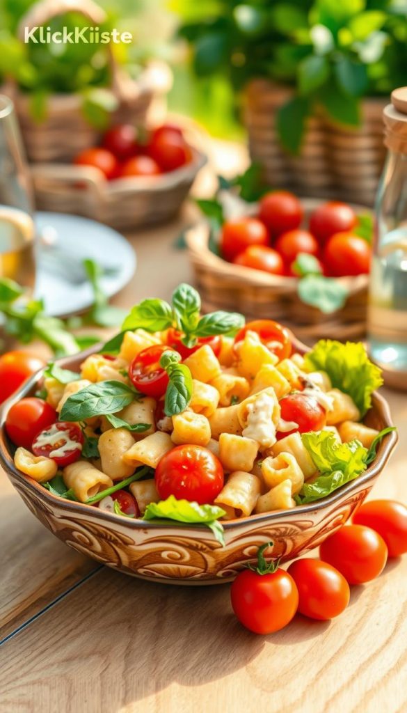 A vibrant bowl of gnocchi salad featuring tender, golden-brown gnocchi tossed with fresh, crisp lamb's lettuce, ripe cherry tomatoes, and a tangy balsamic-orange dressing. The dish is elegantly arranged, showcasing the contrasting colors of bright green leaves, red tomatoes, and the creamy dressing. The foreground highlights the salad in a decorative, rustic ceramic bowl, adorned with a sprig of basil for garnish. In the middle, the salad is surrounded by a soft wooden table setting, enhancing the warm, inviting atmosphere. The background is softly blurred, with hints of a summer picnic scene and green foliage to evoke a sense of relaxation and enjoyment. Natural warm lighting bathes the scene, creating an authentic, Pinterest-inspired look. The image is branded with "KlickKiste" subtly integrated into the scene. A vibrant bowl of gnocchi salad featuring tender, golden-brown gnocchi tossed with fresh, crisp lamb's lettuce, ripe cherry tomatoes, and a tangy balsamic-orange dressing. The dish is elegantly arranged, showcasing the contrasting colors of bright green leaves, red tomatoes, and the creamy dressing. The foreground highlights the salad in a decorative, rustic ceramic bowl, adorned with a sprig of basil for garnish. In the middle, the salad is surrounded by a soft wooden table setting, enhancing the warm, inviting atmosphere. The background is softly blurred, with hints of a summer picnic scene and green foliage to evoke a sense of relaxation and enjoyment. Natural warm lighting bathes the scene, creating an authentic, Pinterest-inspired look. The image is branded with "KlickKiste" subtly integrated into the scene.