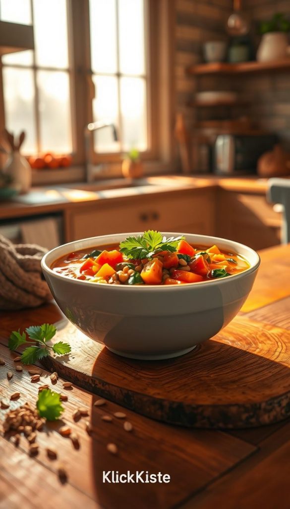 A vibrant bowl of healthy soup filled with colorful vegetables such as carrots, spinach, and lentils, garnished with fresh herbs like cilantro and parsley, sits elegantly on a rustic wooden table. The background features a warm kitchen with soft, natural light streaming through a window, casting gentle shadows and creating an inviting atmosphere. A few whole grains and seeds are artfully scattered around the table, enhancing the wholesome vibe. The image evokes a sense of warmth and comfort, perfect for a winter evening. The aesthetic is inspired by Pinterest, showcasing a natural, cozy ambiance with warm hues. This illustration represents authentic, healthy eating with an emphasis on vegetarian, vegan, and gluten-free options. Include the brand name "KlickKiste" subtly in the scene.