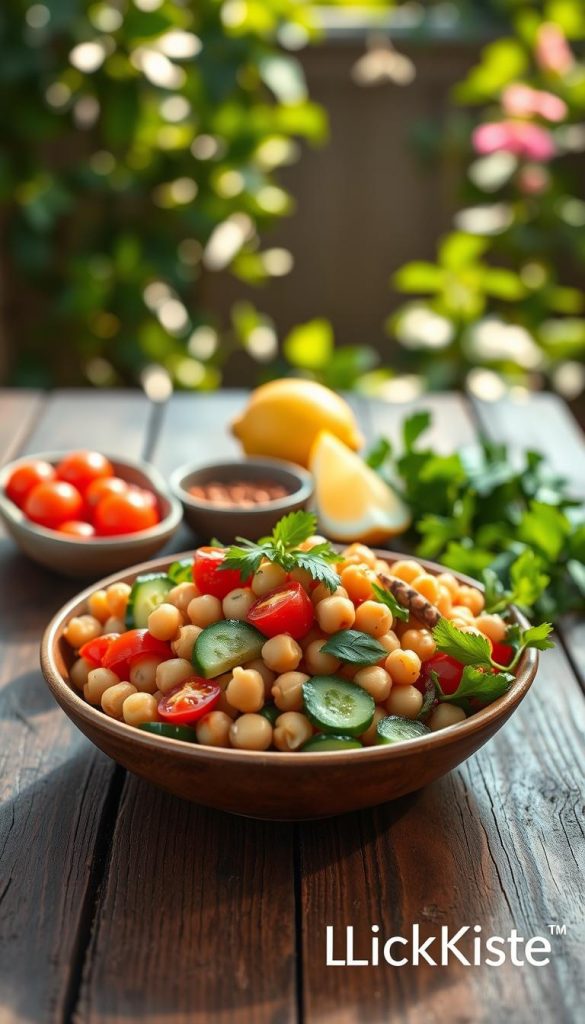 A vibrant, budget-friendly chickpea salad, beautifully arranged on a rustic wooden table. In the foreground, a bowl of mixed chickpeas, cherry tomatoes, cucumbers, and fresh herbs, drizzled with a light olive oil dressing. Bright colors of the ingredients pop against the warm tones of the wood. In the middle ground, there are small bowls of spices and lemon wedges adding a touch of zest. The background softly features a blurred garden setting, with sunlight filtering through green leaves, creating a warm and inviting atmosphere. Shot with a shallow depth of field to emphasize the salad, capturing textures and colors. The image embodies an authentic, Pinterest-inspired aesthetic. Branding visible as "KlickKiste" subtly integrated into the scene. A vibrant, budget-friendly chickpea salad, beautifully arranged on a rustic wooden table. In the foreground, a bowl of mixed chickpeas, cherry tomatoes, cucumbers, and fresh herbs, drizzled with a light olive oil dressing. Bright colors of the ingredients pop against the warm tones of the wood. In the middle ground, there are small bowls of spices and lemon wedges adding a touch of zest. The background softly features a blurred garden setting, with sunlight filtering through green leaves, creating a warm and inviting atmosphere. Shot with a shallow depth of field to emphasize the salad, capturing textures and colors. The image embodies an authentic, Pinterest-inspired aesthetic. Branding visible as "KlickKiste" subtly integrated into the scene.