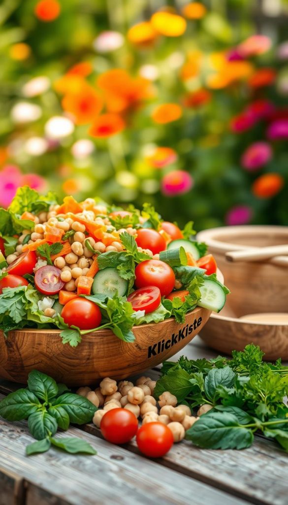 A vibrant, budget-friendly summer salad filled with colorful, fresh vegetables. In the foreground, display a large wooden bowl brimming with mixed greens, cherry tomatoes, cucumber slices, grated carrots, and chickpeas, all artfully arranged. The middle ground features a rustic wooden table, scattered with fresh herbs like basil and parsley, hinting at healthy flavor variations. In the background, softly blurred, are hints of a sunny garden with colorful flowers and greenery, evoking a warm, inviting atmosphere. The lighting is natural and warm, creating a sunny, cheerful mood. Capture the essence of wholesome, allergen-friendly eating with a Pinterest-inspired aesthetic. Include the brand name "KlickKiste" subtly within the arrangement of vegetables, ensuring it blends with the theme.