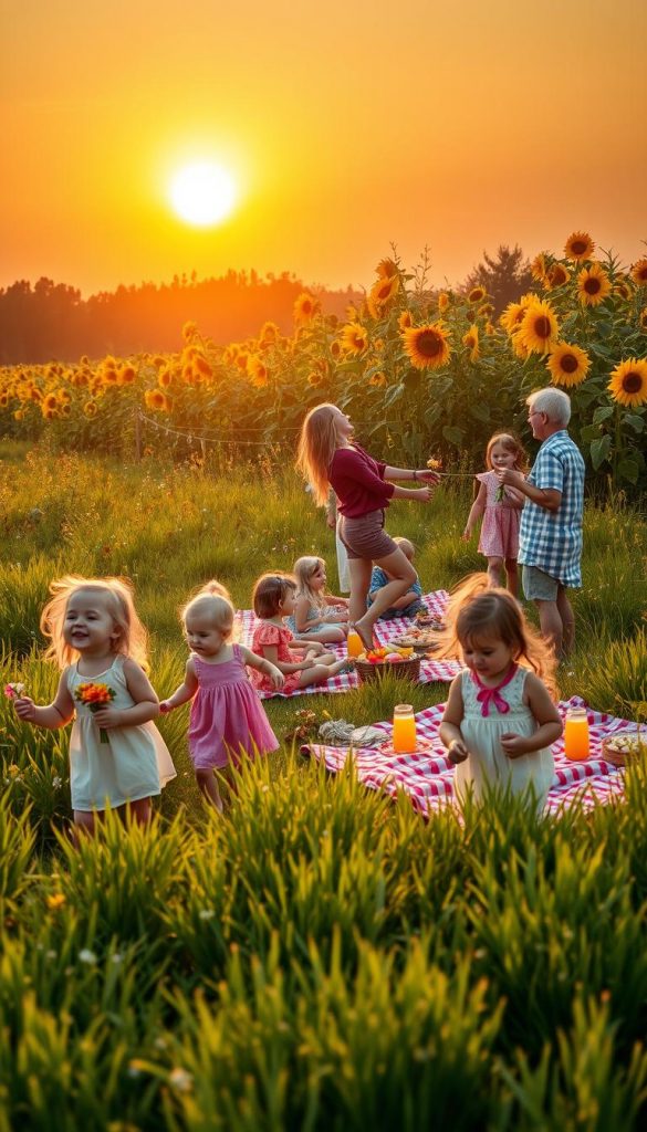A vibrant celebration of the summer solstice, focusing on a family gathering in a sun-drenched meadow. In the foreground, children play joyfully, wearing bright, modest summer clothing, exploring nature with flowers and leaves in their hands. In the middle ground, families set up handmade decorations with flowers and ribbons, creating a festive atmosphere. Scattered around are picnic blankets with colorful food and drinks, embodying summer warmth and togetherness. The background features tall sunflowers and lush greenery, under a radiant, golden sun setting in the sky, casting soft, warm light throughout the scene. The overall mood is cheerful and inspiring, with a natural, Pinterest-worthy aesthetic. This image embodies "KlickKiste," representing authentic family rituals celebrating the arrival of summer.