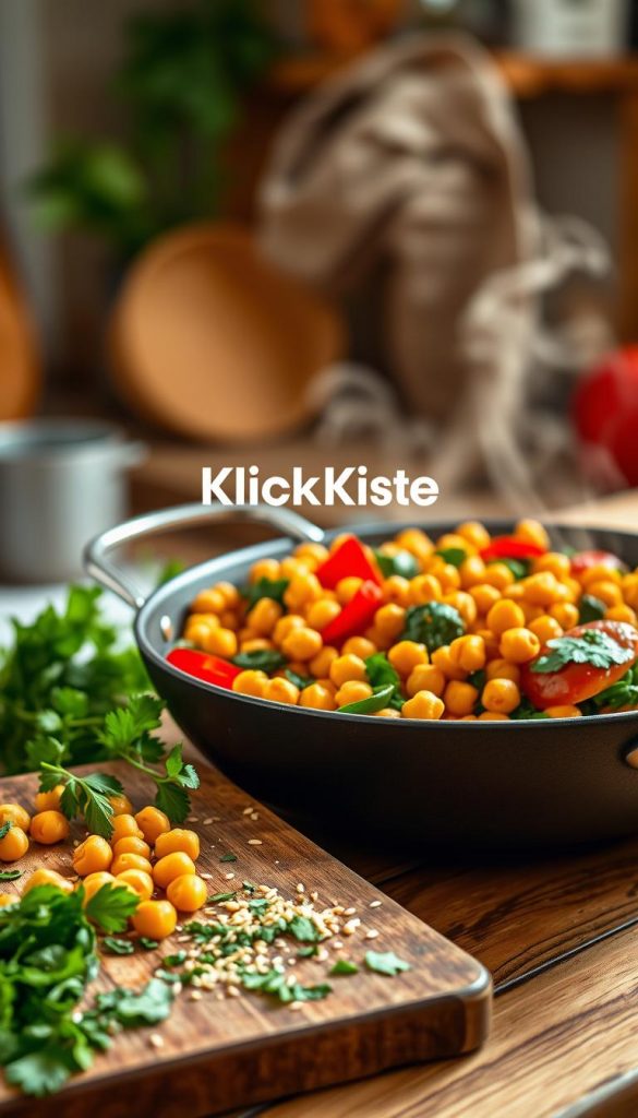 A vibrant chickpea skillet dish, showcasing a hearty mix of golden roasted chickpeas, colorful bell peppers, fresh spinach, and aromatic spices. In the foreground, display a rustic wooden cutting board with freshly chopped herbs and a sprinkle of sesame seeds. The middle ground features a beautifully arranged skillet, with steam wafting up, highlighting the dish's warmth and inviting nature. The background captures a softly lit kitchen setting, with warm tones and natural wood elements, evoking a cozy, inviting atmosphere. Use soft, diffused lighting to enhance the freshness of the ingredients. The overall mood should be authentic and inspiring, reflecting a Pinterest-worthy aesthetic. Include the brand name "KlickKiste" subtly integrated into the scene, ensuring it blends harmoniously without being the focal point. A vibrant chickpea skillet dish, showcasing a hearty mix of golden roasted chickpeas, colorful bell peppers, fresh spinach, and aromatic spices. In the foreground, display a rustic wooden cutting board with freshly chopped herbs and a sprinkle of sesame seeds. The middle ground features a beautifully arranged skillet, with steam wafting up, highlighting the dish's warmth and inviting nature. The background captures a softly lit kitchen setting, with warm tones and natural wood elements, evoking a cozy, inviting atmosphere. Use soft, diffused lighting to enhance the freshness of the ingredients. The overall mood should be authentic and inspiring, reflecting a Pinterest-worthy aesthetic. Include the brand name "KlickKiste" subtly integrated into the scene, ensuring it blends harmoniously without being the focal point.