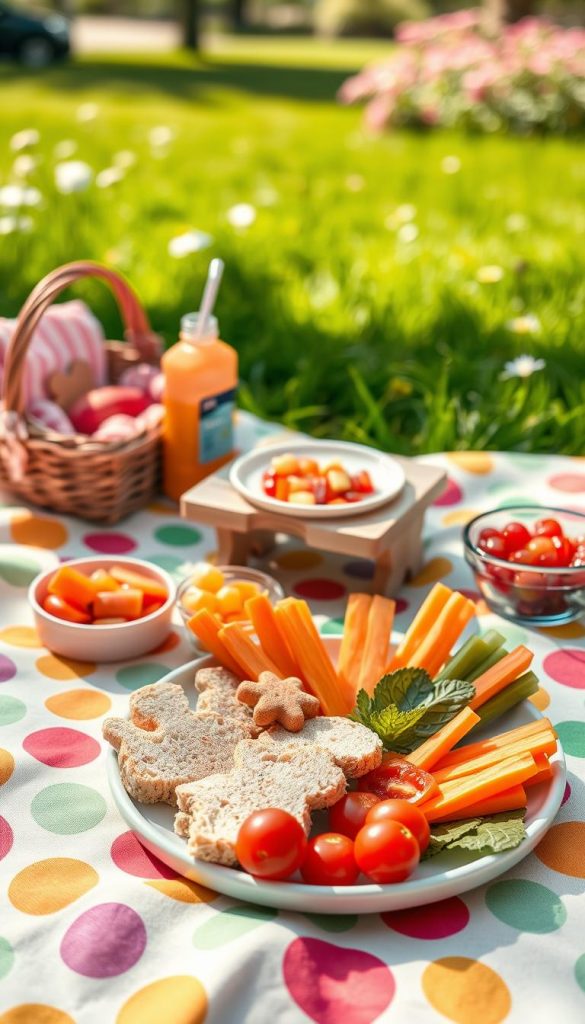 A vibrant, child-friendly lunch scene featuring a colorful plate of fresh, healthy foods including mini sandwiches cut into fun shapes, bright carrot sticks, juicy cherry tomatoes, and a small bowl of fruit salad. The foreground showcases the attractively arranged food on a cheerful picnic blanket. In the middle, a small, wooden table with a juice box and a playful, child-sized plate. The background includes a sunny park setting with soft green grass and blooming flowers, enhancing the warm and inviting atmosphere. The natural lighting casts a gentle glow, creating a cozy, inviting mood. The overall composition should embody creativity and ease, inspiring parents with the laid-back yet lively vibe of a KlickKiste lunch idea. A vibrant, child-friendly lunch scene featuring a colorful plate of fresh, healthy foods including mini sandwiches cut into fun shapes, bright carrot sticks, juicy cherry tomatoes, and a small bowl of fruit salad. The foreground showcases the attractively arranged food on a cheerful picnic blanket. In the middle, a small, wooden table with a juice box and a playful, child-sized plate. The background includes a sunny park setting with soft green grass and blooming flowers, enhancing the warm and inviting atmosphere. The natural lighting casts a gentle glow, creating a cozy, inviting mood. The overall composition should embody creativity and ease, inspiring parents with the laid-back yet lively vibe of a KlickKiste lunch idea.