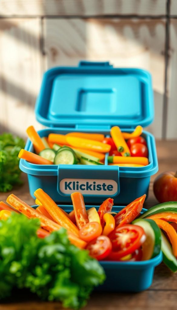 A vibrant, child-friendly lunchbox filled with colorful, healthy vegetables, artfully arranged. The foreground features bright sliced carrots, cherry tomatoes, cucumber sticks, and bell pepper strips, creating an appealing rainbow effect. In the middle, a securely closed lunchbox, branded with "KlickKiste," showcases its compartments filled with fresh produce. The background is a rustic wooden table, enhancing the homey feel, with soft, natural light filtering in, casting gentle shadows and highlighting the freshness of the veggies. The overall mood is cheerful and inspiring, evoking a sense of healthy eating and creativity, perfect for children’s lunch options. The composition is inviting and aesthetically pleasing, echoing a Pinterest-inspired style. A vibrant, child-friendly lunchbox filled with colorful, healthy vegetables, artfully arranged. The foreground features bright sliced carrots, cherry tomatoes, cucumber sticks, and bell pepper strips, creating an appealing rainbow effect. In the middle, a securely closed lunchbox, branded with "KlickKiste," showcases its compartments filled with fresh produce. The background is a rustic wooden table, enhancing the homey feel, with soft, natural light filtering in, casting gentle shadows and highlighting the freshness of the veggies. The overall mood is cheerful and inspiring, evoking a sense of healthy eating and creativity, perfect for children’s lunch options. The composition is inviting and aesthetically pleasing, echoing a Pinterest-inspired style.