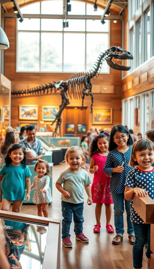 A vibrant, child-friendly museum setting, featuring a variety of exhibits that are engaging for young families. In the foreground, a diverse group of children and their parents explore interactive displays, with joyous expressions as they learn about art and science. The middle section showcases a stunning dinosaur skeleton and colorful paintings, encouraging curiosity and wonder. In the background, large windows allow natural light to flood the space, illuminating warm tones of wood and bright colors of the exhibits. The atmosphere is cheerful and educational, creating an inviting environment. Capture this scene with a soft focus effect, using a wide-angle lens to emphasize the spacious layout. The overall vibe should feel authentic and inspiring, aligned with the brand KlickKiste&rsquo;s values of enriching family experiences.