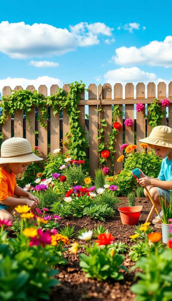 A vibrant children's garden activity scene inspired by "KlickKiste." In the foreground, three children engaged in playful gardening tasks, dressed in modest casual clothing, such as bright t-shirts and sun hats. One child is planting seeds, another is watering flowers, and the third is arranging colorful garden tools. In the middle, a lush, blooming garden filled with a mix of colorful flowers and vegetables, showcasing the beauty of nature. The background features a charming wooden fence with climbing vines and a blue sky dotted with fluffy white clouds. Warm, soft lighting creates a joyful, inviting atmosphere, emphasizing creativity and engagement in daily garden routines. The focus is on nurturing nature and promoting collaboration among young gardeners.
