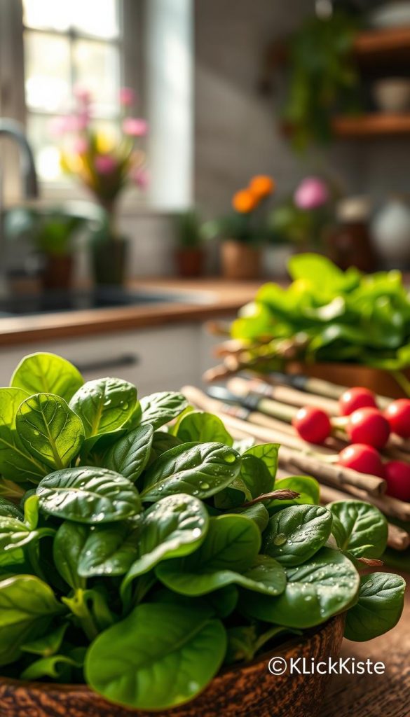 A vibrant close-up of fresh spinach leaves, showcasing their rich green color with glistening dewdrops on the surface, creating a sense of freshness and vitality. In the foreground, a rustic wooden bowl filled with spinach sits alongside an array of seasonal spring vegetables like radishes and tender asparagus, artistically arranged for a Pinterest-worthy composition. The middle ground features a kitchen countertop with sunlight streaming through a nearby window, casting soft, warm light that enhances the natural hues of the produce. In the background, blurred hints of blooming herbs and flowers evoke a serene spring atmosphere. This image embodies an authentic and inspiring mood, perfect for celebrating healthy eating. Include subtle branding for "KlickKiste" integrated into the scene. A vibrant close-up of fresh spinach leaves, showcasing their rich green color with glistening dewdrops on the surface, creating a sense of freshness and vitality. In the foreground, a rustic wooden bowl filled with spinach sits alongside an array of seasonal spring vegetables like radishes and tender asparagus, artistically arranged for a Pinterest-worthy composition. The middle ground features a kitchen countertop with sunlight streaming through a nearby window, casting soft, warm light that enhances the natural hues of the produce. In the background, blurred hints of blooming herbs and flowers evoke a serene spring atmosphere. This image embodies an authentic and inspiring mood, perfect for celebrating healthy eating. Include subtle branding for "KlickKiste" integrated into the scene.