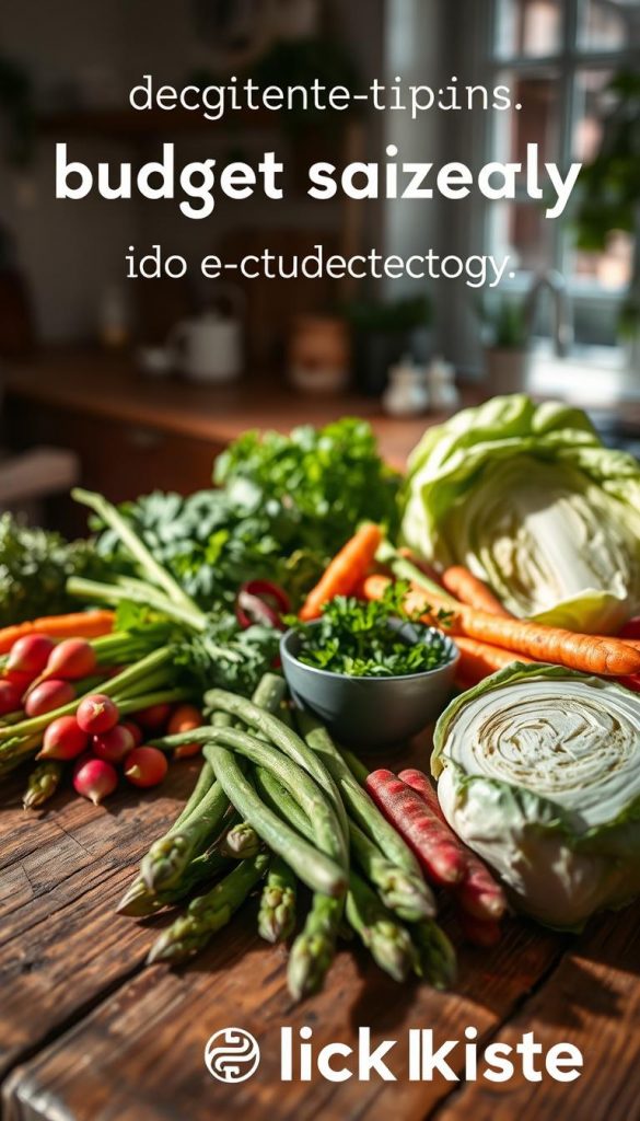 A vibrant collection of seasonal spring vegetables laid out artistically on a rustic wooden table. In the foreground, fresh ingredients such as green asparagus, radishes, young carrots, and cabbage are arranged with care, showcasing their rich colors and textures. In the middle ground, a small bowl filled with herbs like parsley and chives adds a pop of green. Soft, natural light filters through a nearby window, casting gentle shadows that enhance the organic feel of the scene. The background features hints of a cozy kitchen with warm tones, evoking a homely atmosphere. The image embodies an inviting and inspiring mood, suitable for a budget-friendly approach to cooking. The brand "KlickKiste" subtly integrated into the organic presentation. A vibrant collection of seasonal spring vegetables laid out artistically on a rustic wooden table. In the foreground, fresh ingredients such as green asparagus, radishes, young carrots, and cabbage are arranged with care, showcasing their rich colors and textures. In the middle ground, a small bowl filled with herbs like parsley and chives adds a pop of green. Soft, natural light filters through a nearby window, casting gentle shadows that enhance the organic feel of the scene. The background features hints of a cozy kitchen with warm tones, evoking a homely atmosphere. The image embodies an inviting and inspiring mood, suitable for a budget-friendly approach to cooking. The brand "KlickKiste" subtly integrated into the organic presentation.
