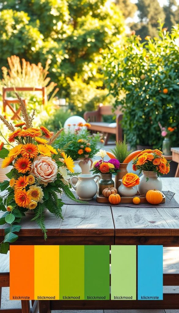 A vibrant color palette representing "good mood," featuring warm and cheerful hues such as sunny yellows, soft oranges, refreshing greens, and calming blues. In the foreground, incorporate a rustic wooden table adorned with beautifully arranged seasonal flowers and greenery. The middle ground should showcase a collection of handmade decor items, like DIY painted vases and crafts, echoing a Pinterest-inspired aesthetic. In the background, a lush garden bathed in warm, golden sunlight enhances the inviting atmosphere. Capture the scene from a slightly elevated angle, with soft natural lighting that creates gentle shadows and highlights the colors’ vibrancy. This atmosphere conveys authenticity and inspiration, perfectly aligned with the brand KlickKiste’s ethos.