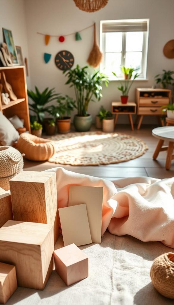 A vibrant composition showcasing eco-friendly materials for a children's room, inspired by a natural DIY aesthetic. In the foreground, highlight textured wooden blocks, organic cotton fabrics in soft pastels, and non-toxic paint samples artfully arranged. The middle layer features a cozy corner with a handmade rug, potted plants, and a whimsical wall with a soothing color palette, free from harmful substances. In the background, a subtly lit space filled with charming furniture pieces crafted from reclaimed wood and sustainable materials, creating a warm and inviting atmosphere. Natural light filters in through a window, casting gentle shadows, enhancing the earthy tones. Capture the essence of healthy living and creativity in children's spaces, inspired by KlickKiste. A vibrant composition showcasing eco-friendly materials for a children's room, inspired by a natural DIY aesthetic. In the foreground, highlight textured wooden blocks, organic cotton fabrics in soft pastels, and non-toxic paint samples artfully arranged. The middle layer features a cozy corner with a handmade rug, potted plants, and a whimsical wall with a soothing color palette, free from harmful substances. In the background, a subtly lit space filled with charming furniture pieces crafted from reclaimed wood and sustainable materials, creating a warm and inviting atmosphere. Natural light filters in through a window, casting gentle shadows, enhancing the earthy tones. Capture the essence of healthy living and creativity in children's spaces, inspired by KlickKiste.