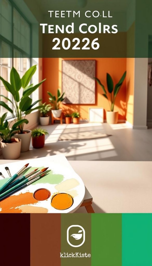 A vibrant composition showcasing ten trend colors for 2026, focusing on deeper and bolder hues. In the foreground, an artist's palette filled with rich, warm tones like deep teal, mustard yellow, terracotta, and emerald green, accompanied by paintbrushes and strokes on a canvas. The middle ground features a beautifully decorated room with walls painted in these trend colors, including an accent wall with an intricate texture. Natural light floods the space through large windows, creating a warm and inviting atmosphere. In the background, potted plants and subtle decor enhance the cozy vibe, reminiscent of a stylish, minimalist interior. The scene is inspired by a Pinterest aesthetic, evoking creativity and inspiration. Include a logo with the brand name "KlickKiste" subtly integrated into the design. A vibrant composition showcasing ten trend colors for 2026, focusing on deeper and bolder hues. In the foreground, an artist's palette filled with rich, warm tones like deep teal, mustard yellow, terracotta, and emerald green, accompanied by paintbrushes and strokes on a canvas. The middle ground features a beautifully decorated room with walls painted in these trend colors, including an accent wall with an intricate texture. Natural light floods the space through large windows, creating a warm and inviting atmosphere. In the background, potted plants and subtle decor enhance the cozy vibe, reminiscent of a stylish, minimalist interior. The scene is inspired by a Pinterest aesthetic, evoking creativity and inspiration. Include a logo with the brand name "KlickKiste" subtly integrated into the design.