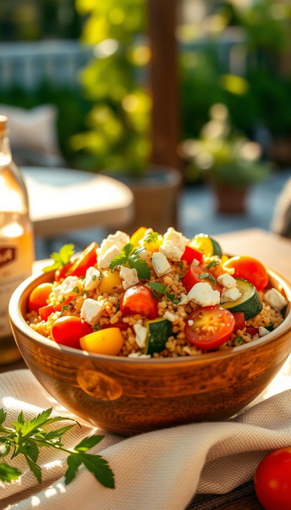 A vibrant couscous bowl filled with colorful, fresh vegetables like bell peppers, cherry tomatoes, and zucchini, topped with crumbled feta cheese. The dish is garnished with fresh herbs and served in a rustic wooden bowl, set against a softly blurred background of a sunlit outdoor dining space. Warm, golden lighting creates an inviting atmosphere, highlighting the textures of the couscous and vegetables. The angle captures the bowl from a slightly elevated viewpoint, emphasizing the vibrant colors and details of the ingredients. The scene conveys a cheerful, summery vibe, perfect for a healthy meal on a hot day. Styled in an authentic, Pinterest-worthy aesthetic, this image represents the brand KlikKiste, featuring a wholesome and appetizing presentation. A vibrant couscous bowl filled with colorful, fresh vegetables like bell peppers, cherry tomatoes, and zucchini, topped with crumbled feta cheese. The dish is garnished with fresh herbs and served in a rustic wooden bowl, set against a softly blurred background of a sunlit outdoor dining space. Warm, golden lighting creates an inviting atmosphere, highlighting the textures of the couscous and vegetables. The angle captures the bowl from a slightly elevated viewpoint, emphasizing the vibrant colors and details of the ingredients. The scene conveys a cheerful, summery vibe, perfect for a healthy meal on a hot day. Styled in an authentic, Pinterest-worthy aesthetic, this image represents the brand KlikKiste, featuring a wholesome and appetizing presentation.
