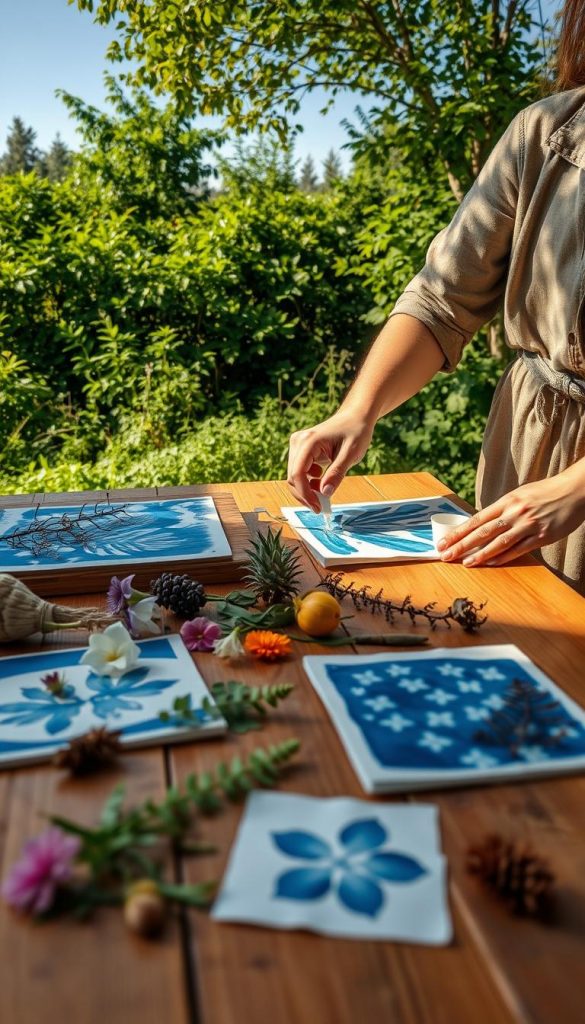 A vibrant cyanotype print creation scene showcasing the beauty of nature as a backdrop. In the foreground, display a wooden outdoor table with various natural objects like flowers, leaves, and ferns artistically arranged for cyanotype printing. The middle ground features hands in modest casual clothing applying a light-sensitive solution to watercolor paper, with a sunny, warm atmosphere. In the background, lush greenery and a clear blue sky create a serene environment, enhancing the DIY spirit. Use soft, diffused lighting to evoke warmth and inspiration. Capture the scene from a slightly elevated angle for a dynamic view, highlighting the process of creating beautiful, hand-crafted prints inspired by summer. The image should embody the natural, DIY aesthetic associated with the brand "KlickKiste."