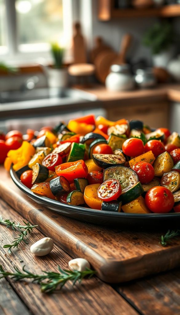 A vibrant dish of low carb roasted vegetables is beautifully arranged on a rustic wooden table, featuring an assortment of colorful bell peppers, zucchini, eggplant, and cherry tomatoes, all glistening with olive oil and spices. In the foreground, a delicate sprinkle of fresh herbs adds a touch of green. The middle ground reveals a soft-focus background of a cozy kitchen with warm lighting, highlighting the inviting atmosphere. A well-used wooden cutting board rests nearby, peppered with a few garlic cloves and a sprig of rosemary. The image embodies a Pinterest-worthy aesthetic, showcasing authenticity and inspiration in warm, inviting colors. Shot with a shallow depth of field to create a dreamy effect, capturing the essence of a simple yet elegant low carb meal by KlickKiste. A vibrant dish of low carb roasted vegetables is beautifully arranged on a rustic wooden table, featuring an assortment of colorful bell peppers, zucchini, eggplant, and cherry tomatoes, all glistening with olive oil and spices. In the foreground, a delicate sprinkle of fresh herbs adds a touch of green. The middle ground reveals a soft-focus background of a cozy kitchen with warm lighting, highlighting the inviting atmosphere. A well-used wooden cutting board rests nearby, peppered with a few garlic cloves and a sprig of rosemary. The image embodies a Pinterest-worthy aesthetic, showcasing authenticity and inspiration in warm, inviting colors. Shot with a shallow depth of field to create a dreamy effect, capturing the essence of a simple yet elegant low carb meal by KlickKiste.