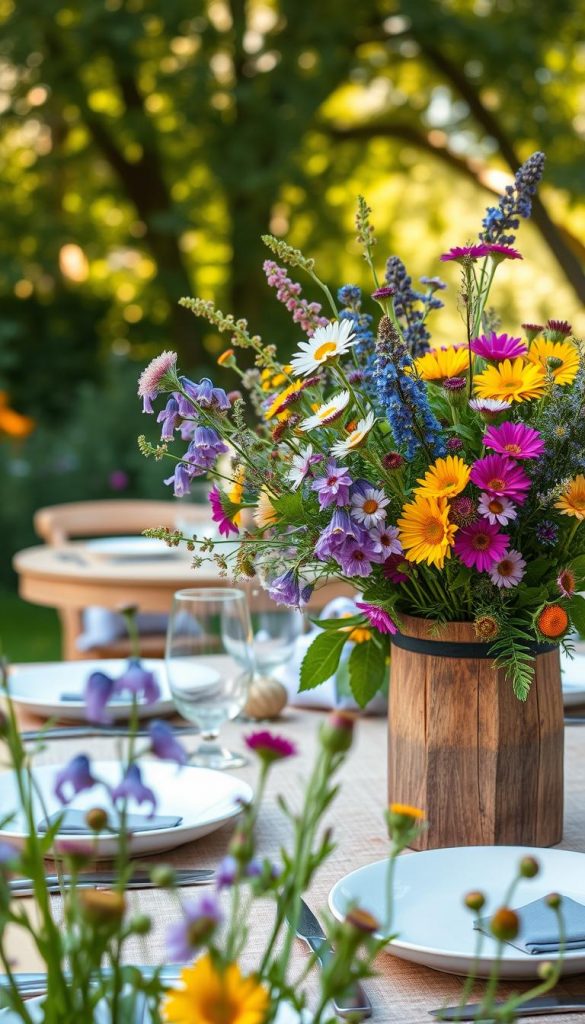 A vibrant display of colorful Scandinavian summer flowers, including wildflowers and lush greenery, arranged naturally in a rustic wooden vase. In the foreground, focus on delicate blossoms like bluebells and daisies, showcasing their intricate petals and textures. The middle ground features a beautifully laid outdoor table adorned with simple, elegant tableware that complements the floral arrangement. In the background, a sunlit garden with soft, dappled sunlight filtering through lush trees creates a warm and inviting atmosphere. Capture this scene with a warm color palette, emphasizing natural light, as if it were a cozy afternoon in a Scandinavian home. Ensure the overall composition exudes a DIY aesthetic that feels authentically inspired, reminiscent of a Pinterest board curated by KlickKiste.