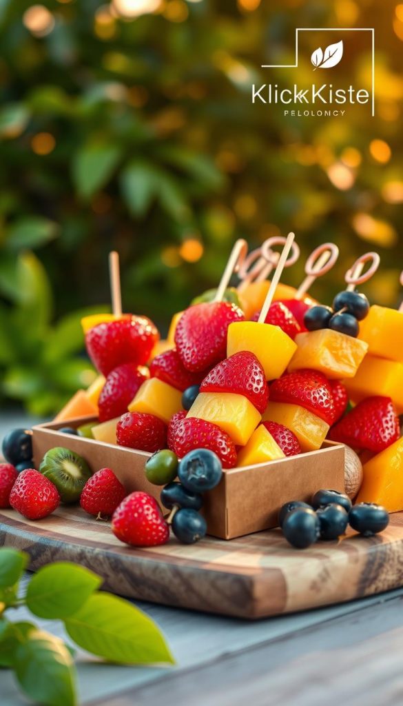A vibrant display of colorful fruit skewers showcasing an array of fresh fruits like strawberries, kiwis, mangoes, and blueberries, beautifully arranged on a wooden board. In the foreground, the skewers are artistically placed in a Bento box, adding a playful touch. The middle ground features a softly blurred background filled with lush greenery, enhancing the natural feel. The lighting is warm and inviting, reminiscent of golden hour, highlighting the glistening fruits. The image captures an authentic, Pinterest-worthy aesthetic that feels inspiring and approachable. The brand "KlickKiste" is subtly represented by an elegant, minimalistic logo in the corner, ensuring a cohesive look. A vibrant display of colorful fruit skewers showcasing an array of fresh fruits like strawberries, kiwis, mangoes, and blueberries, beautifully arranged on a wooden board. In the foreground, the skewers are artistically placed in a Bento box, adding a playful touch. The middle ground features a softly blurred background filled with lush greenery, enhancing the natural feel. The lighting is warm and inviting, reminiscent of golden hour, highlighting the glistening fruits. The image captures an authentic, Pinterest-worthy aesthetic that feels inspiring and approachable. The brand "KlickKiste" is subtly represented by an elegant, minimalistic logo in the corner, ensuring a cohesive look.