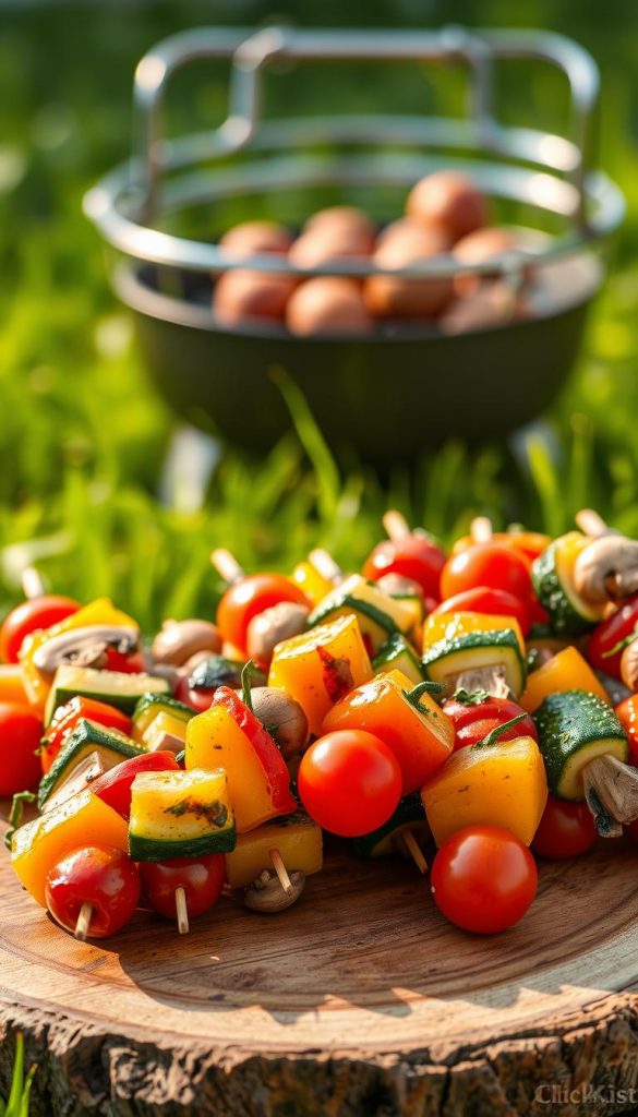 A vibrant display of colorful "gemüsespieße" (vegetable skewers), beautifully arranged on a rustic wooden platter. The foreground features skewers loaded with an assortment of fresh vegetables like bell peppers, zucchini, cherry tomatoes, and mushrooms, glistening with a touch of olive oil and herbs. In the middle, a backdrop of green grass and a subtle BBQ grill, softly blurred, hints at a lively outdoor barbecue scene. The lighting is warm and inviting, reminiscent of a late afternoon sun, creating an inspirational and cheerful atmosphere. Capture the essence of a family-friendly BBQ vibe, showcasing natural colors in a Pinterest-worthy style, infused with an authentic touch by "KlickKiste".