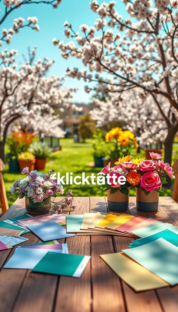 A vibrant display of "farbt&ouml;ne" highlighting 14 trendy spring colors for 2026. In the foreground, a wooden table adorned with various paint swatches and color samples, showcasing shades of pastel green, soft lavender, sunny yellow, and coral pink. The middle ground features potted flowers in bloom, reflecting these lively colors. In the background, a serene garden setting with blooming cherry blossom trees and a clear blue sky. The lighting is warm and inviting, casting a soft glow that enhances the natural beauty of the colors. The mood is fresh and inspiring, evoking a sense of creativity and renewal. The image should capture the essence of DIY aesthetics with a Pinterest-like vibe. Incorporate the brand name "KlickKiste" subtly within the scene, ensuring it blends harmoniously with the colors.