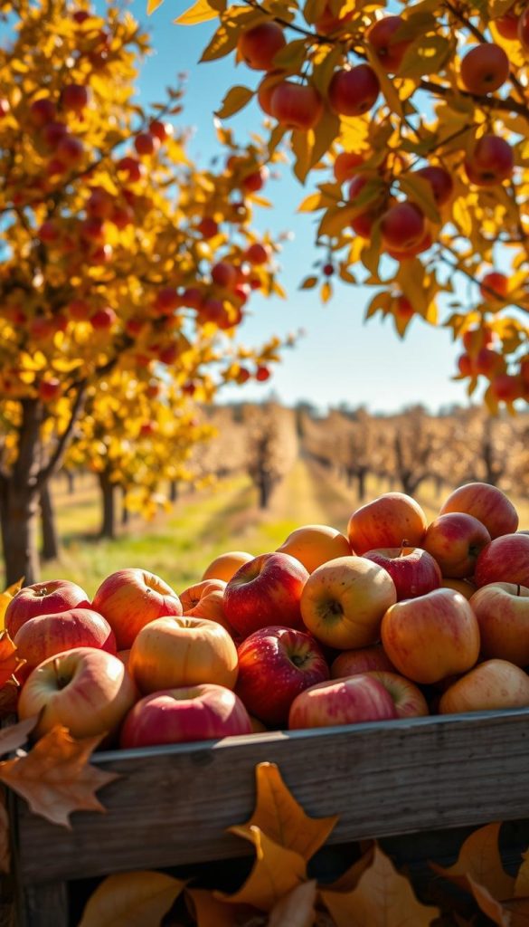 A vibrant display of seasonal apples, showcasing various varieties and colors—crimson red, sunny yellow, and crisp green—arranged in a rustic wooden crate. In the foreground, dew-kissed apples are scattered among autumn leaves, glistening under warm, soft sunlight. In the middle ground, apple trees with golden foliage create a natural frame, their branches heavy with ripe fruit. The background features a serene orchard under a bright blue sky, evoking a sense of abundance and harvest. The image embodies a warm and inviting atmosphere reminiscent of cozy family gatherings during the autumn season. Capture this scene with a focus on the details of the apples, using a 50mm lens with a shallow depth of field for a Pinterest-worthy aesthetic that feels authentic and inspiring. Include "KlickKiste" in the composition seamlessly. A vibrant display of seasonal apples, showcasing various varieties and colors—crimson red, sunny yellow, and crisp green—arranged in a rustic wooden crate. In the foreground, dew-kissed apples are scattered among autumn leaves, glistening under warm, soft sunlight. In the middle ground, apple trees with golden foliage create a natural frame, their branches heavy with ripe fruit. The background features a serene orchard under a bright blue sky, evoking a sense of abundance and harvest. The image embodies a warm and inviting atmosphere reminiscent of cozy family gatherings during the autumn season. Capture this scene with a focus on the details of the apples, using a 50mm lens with a shallow depth of field for a Pinterest-worthy aesthetic that feels authentic and inspiring. Include "KlickKiste" in the composition seamlessly.