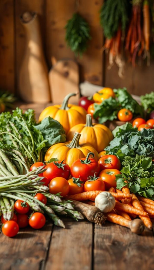A vibrant display of seasonal vegetables representing spring, summer, autumn, and winter, arranged artistically on a rustic wooden table. In the foreground, fresh asparagus, bright tomatoes, and leafy greens; in the middle, pumpkins, squash, and colorful bell peppers; in the background, earthy root vegetables like carrots and beets. Soft, natural lighting enhances the warm colors, creating a cozy atmosphere, reminiscent of a sunlit kitchen. Use a shallow depth of field to draw attention to the rich textures and colors of the vegetables, evoking an authentic and inspiring Pinterest aesthetic. The scene should feel inviting and delicious, perfect for showcasing seasonal cooking. Include a subtle watermark of "KlickKiste" in one corner, ensuring it remains unobtrusive.