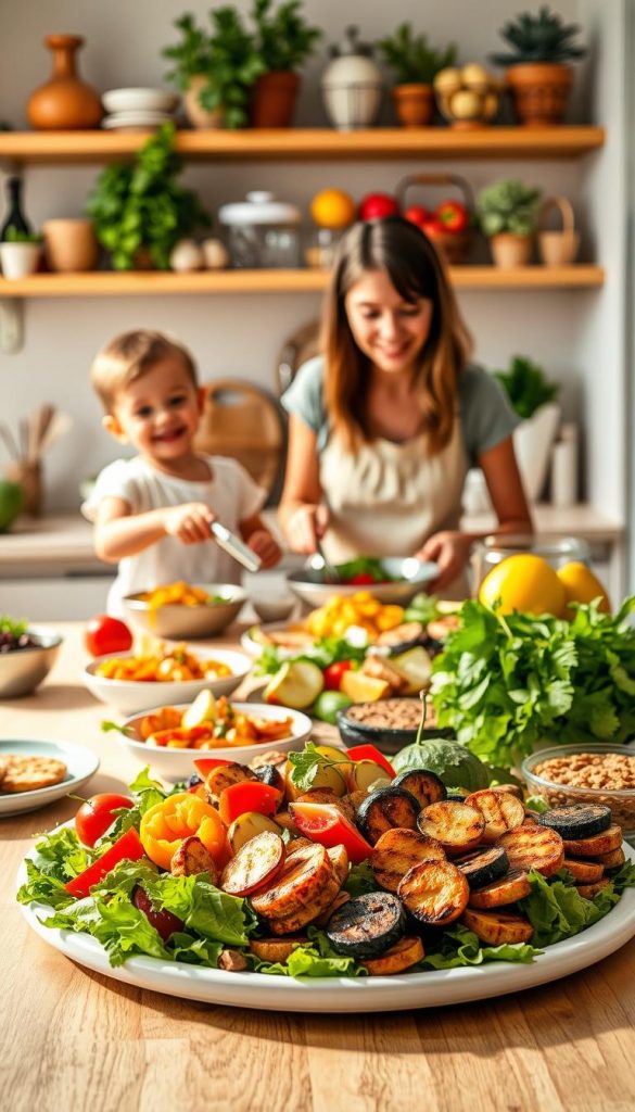 A vibrant, family-friendly kitchen scene showcasing a beautifully arranged table filled with budget-friendly, allergy-conscious summer dishes. In the foreground, a colorful platter of fresh salads, grilled vegetables, and light appetizers, creatively presented. In the middle ground, a cheerful child helping an adult prepare a dish, both dressed in modest casual clothing, focused and engaged in cooking together. The background features shelves stocked with fresh ingredients and herbs, exuding a warm, inviting atmosphere. Soft, natural lighting floods the scene, enhancing the warm color palette reminiscent of a Pinterest aesthetic. Capture the essence of togetherness and inspiration in cooking healthy meals on a budget for the entire family, while prominently including a small logo for "KlickKiste" on the table. A vibrant, family-friendly kitchen scene showcasing a beautifully arranged table filled with budget-friendly, allergy-conscious summer dishes. In the foreground, a colorful platter of fresh salads, grilled vegetables, and light appetizers, creatively presented. In the middle ground, a cheerful child helping an adult prepare a dish, both dressed in modest casual clothing, focused and engaged in cooking together. The background features shelves stocked with fresh ingredients and herbs, exuding a warm, inviting atmosphere. Soft, natural lighting floods the scene, enhancing the warm color palette reminiscent of a Pinterest aesthetic. Capture the essence of togetherness and inspiration in cooking healthy meals on a budget for the entire family, while prominently including a small logo for "KlickKiste" on the table.