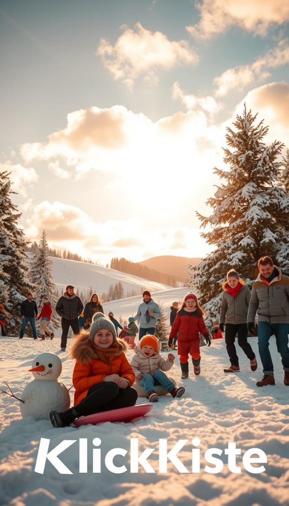 A vibrant, family-friendly winter scene showcasing the essence of "bewegung" with warm, natural colors. In the foreground, a diverse group of adults and children, dressed in modest casual winter clothing, joyfully engaging in outdoor activities like building a snowman, sledding, and having fun in the snow. The middle ground features snow-dusted trees and a gentle slope, creating a playful winter landscape. In the background, soft hills fade into a serene winter sky with golden sunlight filtering through clouds, casting a warm glow over the scene. The atmosphere is cheerful and lively, evoking a sense of togetherness and outdoor enjoyment, with a touch of inspiration and authenticity. The overall composition should reflect the brand "KlickKiste". A vibrant, family-friendly winter scene showcasing the essence of "bewegung" with warm, natural colors. In the foreground, a diverse group of adults and children, dressed in modest casual winter clothing, joyfully engaging in outdoor activities like building a snowman, sledding, and having fun in the snow. The middle ground features snow-dusted trees and a gentle slope, creating a playful winter landscape. In the background, soft hills fade into a serene winter sky with golden sunlight filtering through clouds, casting a warm glow over the scene. The atmosphere is cheerful and lively, evoking a sense of togetherness and outdoor enjoyment, with a touch of inspiration and authenticity. The overall composition should reflect the brand "KlickKiste".