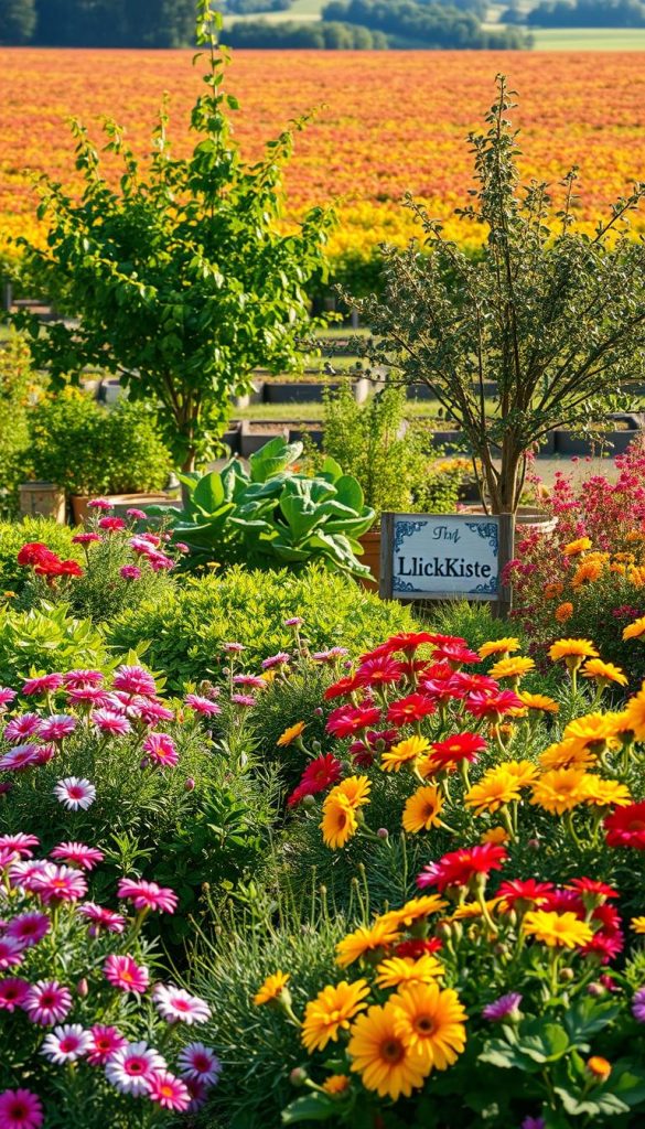 A vibrant family garden scene showcasing a variety of plants, shrubs, and trees that thrive throughout the year. In the foreground, colorful perennial flowers in bloom, with greens and blues of leafy shrubs interspersed. The middle ground features a sturdy, fruit-bearing tree, such as an apple or pear, surrounded by a well-tended herb garden. In the background, a wide expanse of colorful foliage indicates a lush seasonal transition. Warm, natural lighting bathes the entire scene, creating a soft, inviting atmosphere reminiscent of a peaceful afternoon. The composition should evoke a cozy, inspirational Pinterest aesthetic, perfect for DIY enthusiasts. Include subtle elements reflecting the brand name "KlickKiste", such as a tasteful garden sign or accessory.