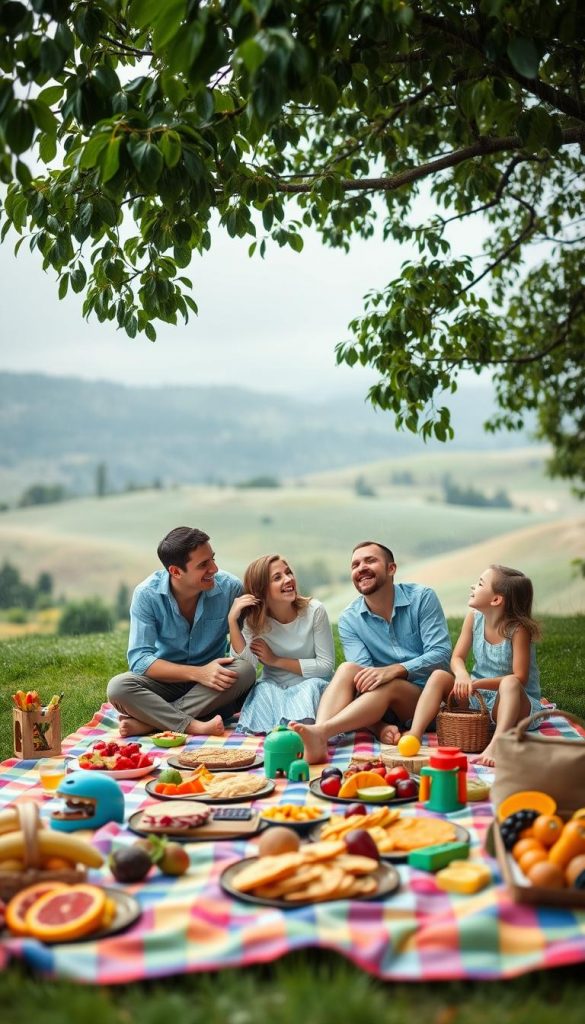 A vibrant family picnic scene set in a lush, green park during a light rainfall. In the foreground, a colorful picnic blanket is spread out, adorned with an assortment of fresh fruits, sandwich platters, and playful children's toys. A cheerful family, dressed in comfortable, modest casual clothing, is closely gathered, sharing laughter as they enjoy their time together. In the middle, we see a tree sheltering them, its leaves glistening with raindrops, creating a warm and inviting atmosphere. The background features a soft focus of a serene landscape, with gentle rolling hills and a sky filled with soft gray clouds. The lighting is warm and inviting, creating a cozy, safe mood, with a Pinterest-inspired aesthetic. This image should evoke feelings of comfort, safety, and joy. By KlickKiste. A vibrant family picnic scene set in a lush, green park during a light rainfall. In the foreground, a colorful picnic blanket is spread out, adorned with an assortment of fresh fruits, sandwich platters, and playful children's toys. A cheerful family, dressed in comfortable, modest casual clothing, is closely gathered, sharing laughter as they enjoy their time together. In the middle, we see a tree sheltering them, its leaves glistening with raindrops, creating a warm and inviting atmosphere. The background features a soft focus of a serene landscape, with gentle rolling hills and a sky filled with soft gray clouds. The lighting is warm and inviting, creating a cozy, safe mood, with a Pinterest-inspired aesthetic. This image should evoke feelings of comfort, safety, and joy. By KlickKiste.