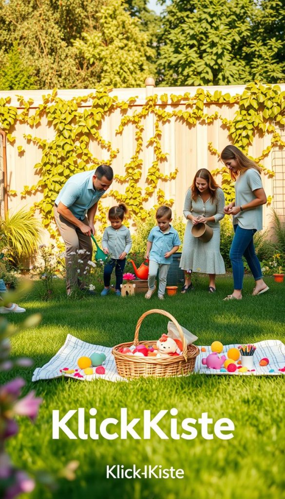 A vibrant family scene in a sunny garden illustrating a "Familienroutine im Garten". In the foreground, a diverse family of four, dressed in modest casual clothing, is engaged in playful activities; the parents are setting up a picnic while the children are watering plants and playing with colorful toys. In the middle ground, a patch of lush green grass features a picnic blanket adorned with a basket of snacks, surrounded by blooming flowers and playful decorations. The background shows a sunlit fence with climbing vines, creating a warm, inviting atmosphere. Soft, natural lighting enhances the scene, capturing the essence of joy and togetherness. The image should embody a Pinterest-inspired look, reflect warm colors, and be authentic and inspiring. The brand "KlickKiste" is subtly conveyed through elements of the setup, like the picnic basket style.