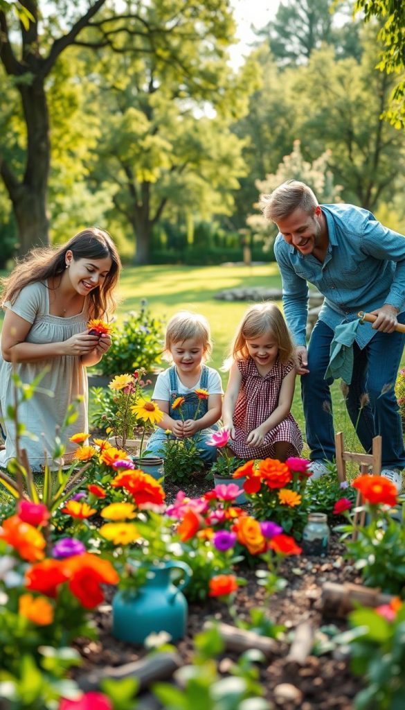 A vibrant family scene set in a lush garden, showcasing parents and two children actively engaging in fun DIY gardening projects. In the foreground, the children, dressed in modest casual clothing, are planting colorful flowers, while the parents cheer them on with smiles, embodying joy and creativity. The middle ground features a well-tended garden with a blend of vibrant greens and blooming flowers, interspersed with garden tools and cheerful decorations. The background portrays a serene park with soft sunlight filtering through the trees, creating a warm, inviting atmosphere. The image captures a Pinterest-inspired, natural DIY aesthetic, with a focus on wholesome family togetherness and outdoor exploration. Perfect for illustrating the essence of "KlickKiste" and family bonding in nature.