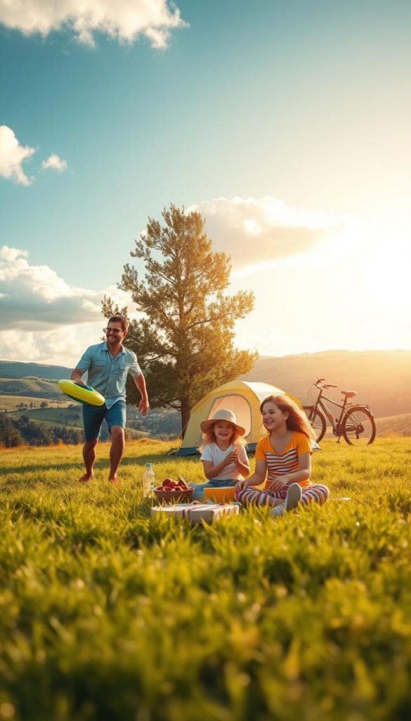 A vibrant family scene showcasing a weekend getaway with children, set in a picturesque natural landscape. In the foreground, a diverse family of four—parents and two young kids—engaged in fun outdoor activities such as playing frisbee and enjoying a picnic on a soft green meadow. The children are dressed in colorful, casual clothing, exuding joy and laughter. In the middle ground, a family tent and a bicycle leaning against a tree, emphasizing outdoor adventures. The background features rolling hills and a bright blue sky with fluffy white clouds, bathed in warm sunlight, creating an inviting and cheerful atmosphere. The composition is bright and airy, capturing the essence of quality family time without screens. This scene embodies the spirit of "KlickKiste," focusing on authentic experiences and inspiration for a digital detox.