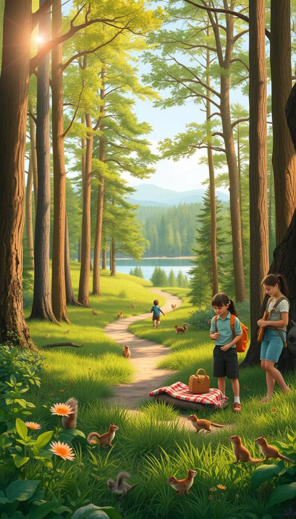 A vibrant forest scene showcasing a family engaging in various outdoor adventures, embodying the spirit of exploration. In the foreground, a child excitedly observes a butterfly on a wildflower, while parents, dressed in casual and modest clothing, set up a picnic nearby. The middle ground features a winding path leading deeper into the lush green woods, dotted with playful squirrels and birds. Tall, majestic trees create a natural canopy overhead, allowing soft, dappled sunlight to filter through, casting warm, inviting hues across the scene. In the background, a serene lake reflects the sky, enhancing the tranquil atmosphere. This image captures the essence of outdoor family fun, emphasizing authenticity and inspiration. Brand name: KlickKiste.
