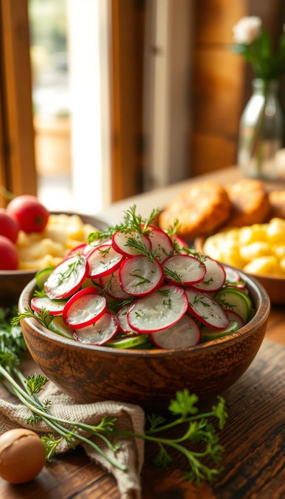 A vibrant, fresh Gurken-Radieschen-Salat arranged beautifully in a rustic wooden bowl. The salad features thinly sliced cucumbers and radishes, sprinkled generously with fresh dill. In the background, a creamy potato mash is artistically plated beside the salad, with optional frikadellen, golden-brown and crispy. The setting is warm and inviting, with natural light streaming in, casting a soft glow over the scene. The colors are rich—greens of the cucumbers, red of the radishes, and earthy tones of the potato mash. The atmosphere is inviting and cozy, perfect for a warm day. Capture the essence of a healthy meal by KlickKiste, emphasizing a Pinterest-worthy aesthetic with a warm color palette and a naturally appealing composition. A vibrant, fresh Gurken-Radieschen-Salat arranged beautifully in a rustic wooden bowl. The salad features thinly sliced cucumbers and radishes, sprinkled generously with fresh dill. In the background, a creamy potato mash is artistically plated beside the salad, with optional frikadellen, golden-brown and crispy. The setting is warm and inviting, with natural light streaming in, casting a soft glow over the scene. The colors are rich—greens of the cucumbers, red of the radishes, and earthy tones of the potato mash. The atmosphere is inviting and cozy, perfect for a warm day. Capture the essence of a healthy meal by KlickKiste, emphasizing a Pinterest-worthy aesthetic with a warm color palette and a naturally appealing composition.