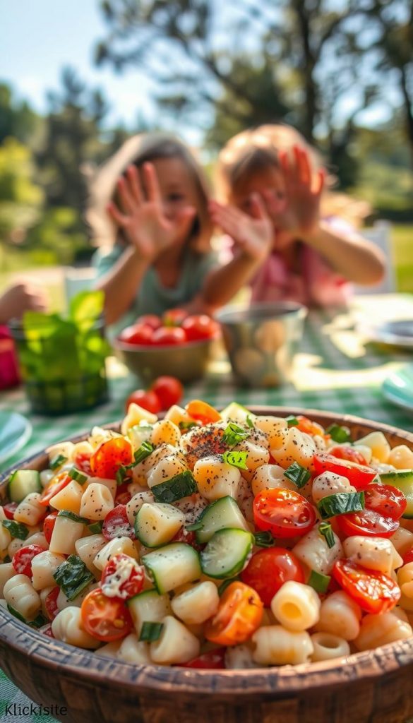 A vibrant, fresh bowl of creamy nudelsalat, overflowing with a colorful mix of cooked pasta, diced cucumbers, sweet cherry tomatoes, crunchy bell peppers, and herbs like parsley and chives. The foreground features the salad in a shallow, rustic wooden bowl, garnished with a sprinkle of black pepper and a drizzle of olive oil. In the middle, set against a warm, sunlit picnic table adorned with cheerful green checkered tableware, children’s hands reaching for the salad, reflecting joy and excitement. The background reveals a lush, inviting outdoor setting with faint silhouettes of trees and a clear blue sky. The overall mood is bright, cheerful, and family-friendly, with natural lighting enhancing the warm colors of the ingredients. Captured in a slightly elevated angle to emphasize the salad's texture and freshness. Authentic and inspiring, with a Pinterest-worthy aesthetic, branded subtly with "KlickKiste" in the design. A vibrant, fresh bowl of creamy nudelsalat, overflowing with a colorful mix of cooked pasta, diced cucumbers, sweet cherry tomatoes, crunchy bell peppers, and herbs like parsley and chives. The foreground features the salad in a shallow, rustic wooden bowl, garnished with a sprinkle of black pepper and a drizzle of olive oil. In the middle, set against a warm, sunlit picnic table adorned with cheerful green checkered tableware, children’s hands reaching for the salad, reflecting joy and excitement. The background reveals a lush, inviting outdoor setting with faint silhouettes of trees and a clear blue sky. The overall mood is bright, cheerful, and family-friendly, with natural lighting enhancing the warm colors of the ingredients. Captured in a slightly elevated angle to emphasize the salad's texture and freshness. Authentic and inspiring, with a Pinterest-worthy aesthetic, branded subtly with "KlickKiste" in the design.