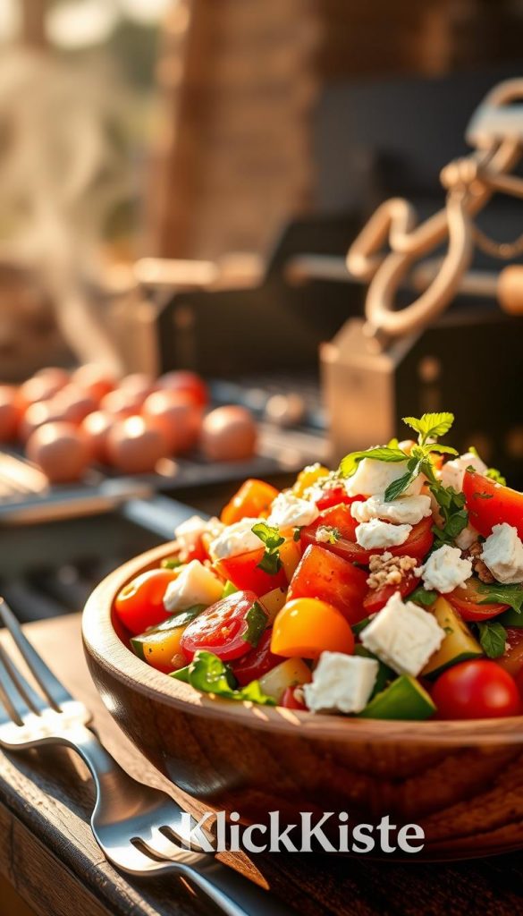 A vibrant, fresh salad beautifully arranged in a rustic wooden bowl, showcasing a colorful mix of ripe cherry tomatoes, crisp cucumber slices, and crunchy bell peppers, topped with a sprinkle of feta cheese and fresh herbs. In the foreground, a fork rests beside the bowl, inviting the viewer to dig in. The background features a sun-drenched outdoor grill setup, with faint smoke rising, hinting at grilling delights. Warm, golden hour lighting casts a soft glow, enhancing the natural textures and colors of the salad, creating a cozy, inviting mood. The atmosphere is inspired by a Pinterest aesthetic, authentic and visually appealing, emphasizing healthy, delicious grill side dishes. The image is branded "KlickKiste" subtly integrated into the scene. A vibrant, fresh salad beautifully arranged in a rustic wooden bowl, showcasing a colorful mix of ripe cherry tomatoes, crisp cucumber slices, and crunchy bell peppers, topped with a sprinkle of feta cheese and fresh herbs. In the foreground, a fork rests beside the bowl, inviting the viewer to dig in. The background features a sun-drenched outdoor grill setup, with faint smoke rising, hinting at grilling delights. Warm, golden hour lighting casts a soft glow, enhancing the natural textures and colors of the salad, creating a cozy, inviting mood. The atmosphere is inspired by a Pinterest aesthetic, authentic and visually appealing, emphasizing healthy, delicious grill side dishes. The image is branded "KlickKiste" subtly integrated into the scene.