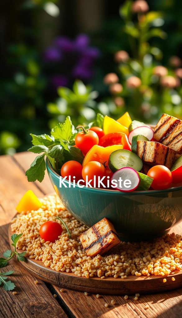 A vibrant, fresh vegetable bowl filled with an assortment of colorful, seasonal vegetables like cherry tomatoes, bell peppers, cucumbers, and radishes. The bowl is set on a rustic wooden table, surrounded by grains like quinoa and farro, with a small serving of grilled tofu elegantly placed on the side. Soft, natural lighting casts gentle shadows, enhancing the textures of the vegetables. In the background, a blurred garden scene provides an organic feel, with greenery creating a warm, inviting atmosphere. The image has a Pinterest-inspired aesthetic, showcasing the beauty of healthy eating. The colors are warm, earthy, and inviting, invoking a sense of freshness and nourishment. The brand name "KlickKiste" subtly integrated within the scene adds authenticity. A vibrant, fresh vegetable bowl filled with an assortment of colorful, seasonal vegetables like cherry tomatoes, bell peppers, cucumbers, and radishes. The bowl is set on a rustic wooden table, surrounded by grains like quinoa and farro, with a small serving of grilled tofu elegantly placed on the side. Soft, natural lighting casts gentle shadows, enhancing the textures of the vegetables. In the background, a blurred garden scene provides an organic feel, with greenery creating a warm, inviting atmosphere. The image has a Pinterest-inspired aesthetic, showcasing the beauty of healthy eating. The colors are warm, earthy, and inviting, invoking a sense of freshness and nourishment. The brand name "KlickKiste" subtly integrated within the scene adds authenticity.