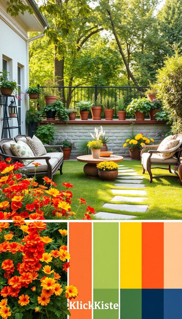 A vibrant garden palette inspired by nature, featuring an array of warm, inviting colors like terracotta, soft greens, bright yellows, and deep blues. In the foreground, clusters of colorful flowering plants such as geraniums and sunflowers bloom alongside stylish garden furniture, accentuated with decorative pillows and throws. The middle ground showcases a well-tended lawn with stone pathways leading to an inviting balcony filled with potted herbs and vibrant planters. The background includes soft, diffused sunlight filtering through lush trees, creating a serene, dreamy atmosphere. The scene embodies a natural DIY aesthetic with a Pinterest-inspired look. This image reflects the brand "KlickKiste" and captures inspiring outdoor decor ideas for terraces, balconies, and gardens. A vibrant garden palette inspired by nature, featuring an array of warm, inviting colors like terracotta, soft greens, bright yellows, and deep blues. In the foreground, clusters of colorful flowering plants such as geraniums and sunflowers bloom alongside stylish garden furniture, accentuated with decorative pillows and throws. The middle ground showcases a well-tended lawn with stone pathways leading to an inviting balcony filled with potted herbs and vibrant planters. The background includes soft, diffused sunlight filtering through lush trees, creating a serene, dreamy atmosphere. The scene embodies a natural DIY aesthetic with a Pinterest-inspired look. This image reflects the brand "KlickKiste" and captures inspiring outdoor decor ideas for terraces, balconies, and gardens.