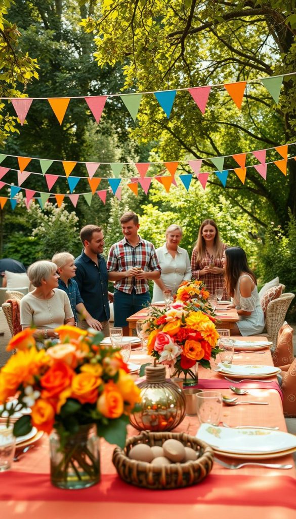 A vibrant garden party scene, alive with natural materials and a blend of colors that capture the essence of maximalism. In the foreground, a beautifully arranged picnic table adorned with floral centerpieces in warm hues of orange, pink, and yellow, surrounded by handmade decorations from KlickKiste. The middle ground features cheerful family members dressed in modest casual attire, joyfully engaging in conversation and laughter. In the background, lush greenery and colorful bunting create a festive atmosphere, while soft, dappled sunlight filters through the trees, casting a warm glow over the scene. Capture this inviting, authentic setting with a focus on cozy textures and the beauty of nature, evoking warmth and inspiration.